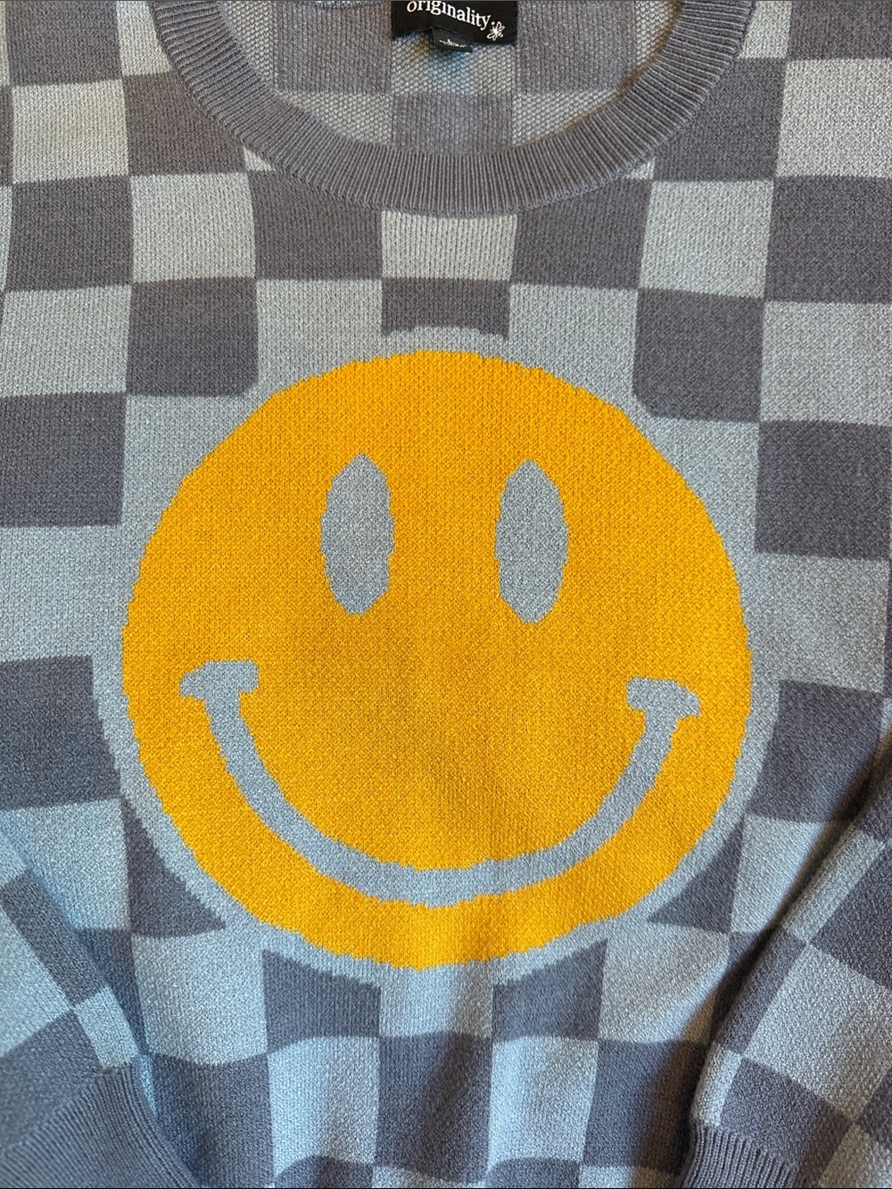 Smiley Checkered Crew Sweater - Yellow & Gray - Picture 2 of 4
